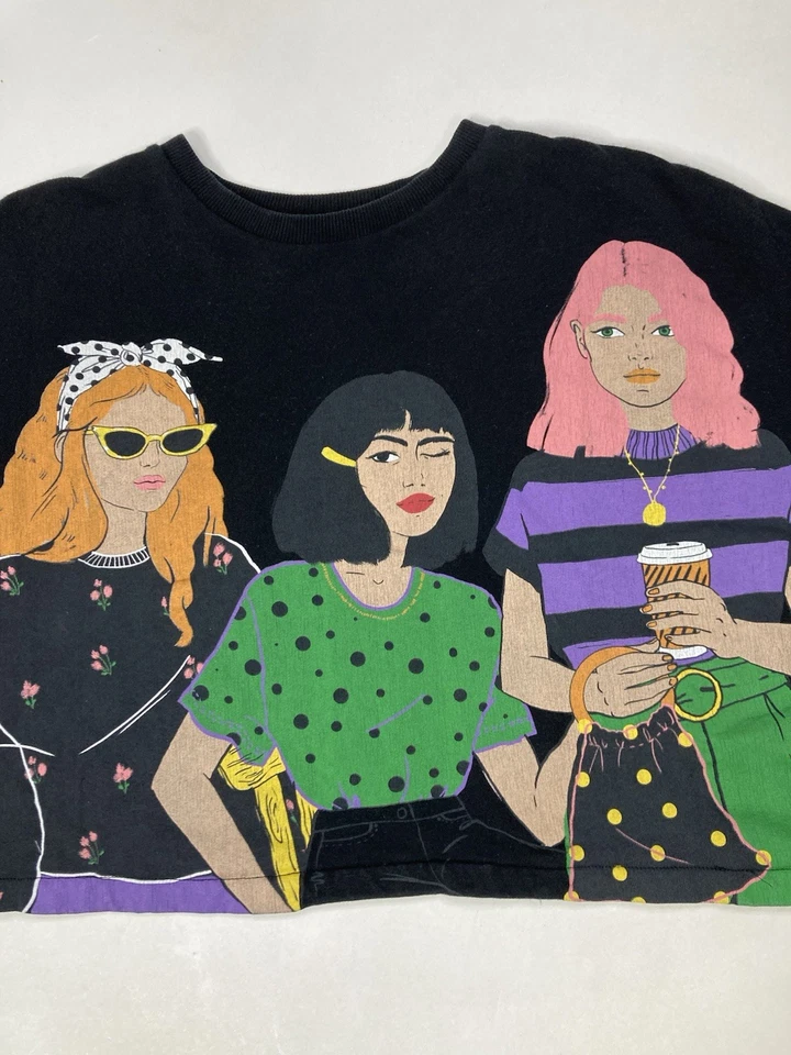 Linda Sudadera Zara Niña Artística Gráfica Corta Cuello Redondo Mujer Mediana Negra Foto 2 de 4