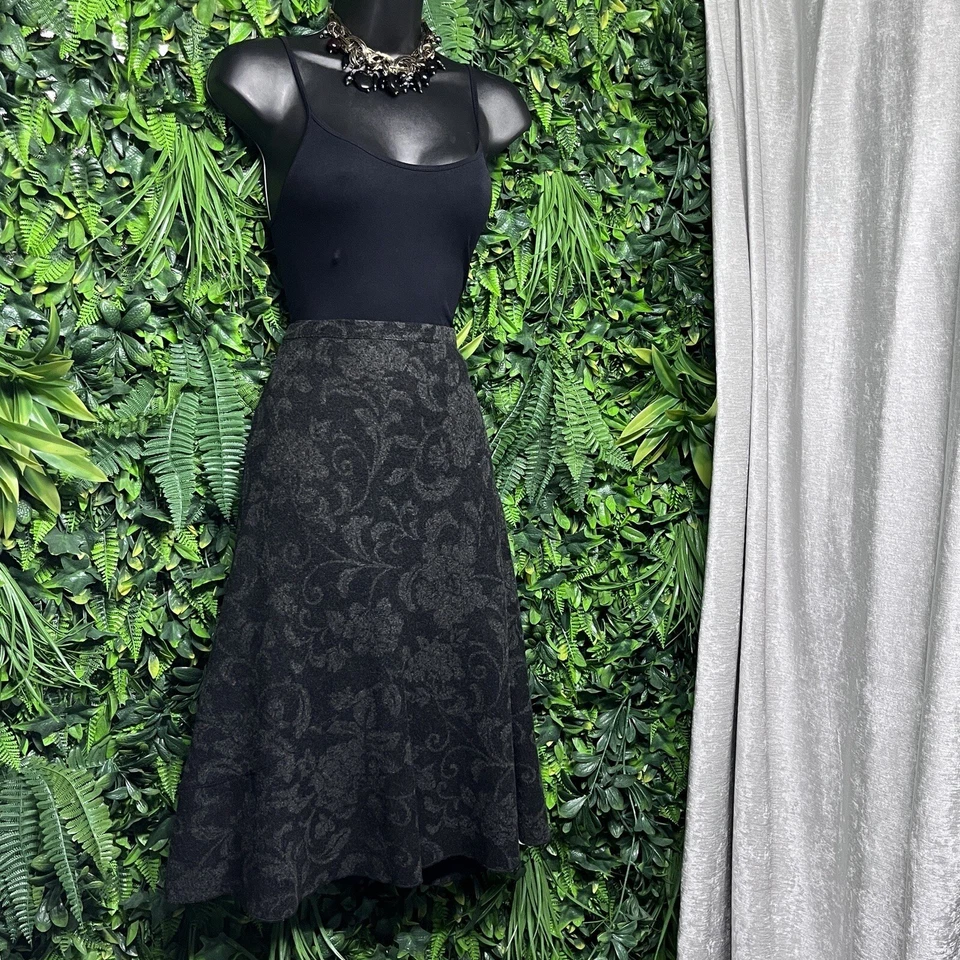 Falda mujer ANN TAYLOR 2 negra gris línea A estampado floral mezcla de lana dobladillo midi 3362 Foto 3 de 4