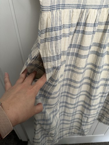 Folk Plaid Check Dress Size 2 UK 10 Blue Cream Linen Cotton blend Short Sleeve - Picture 3 of 15