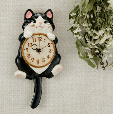 Japanese Lucky cat Manekineko Wall Pendulum Clock Black White