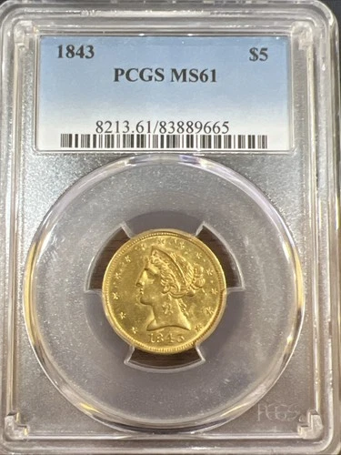 1843 Liberty Head $5 Gold Half Eagle MS-61 – Beautiful Early Gold Type Coin