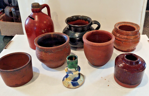 8 Pc Collection Small & Miniature Antique American Redware Crocks Jug bank Pots