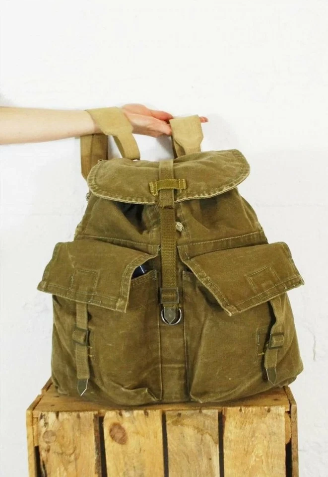 Selten 60s Armee Rucksäcke - Brown Baumwolle Leinen - Tschechisch Vintage - Groß - Bild 1 von 4