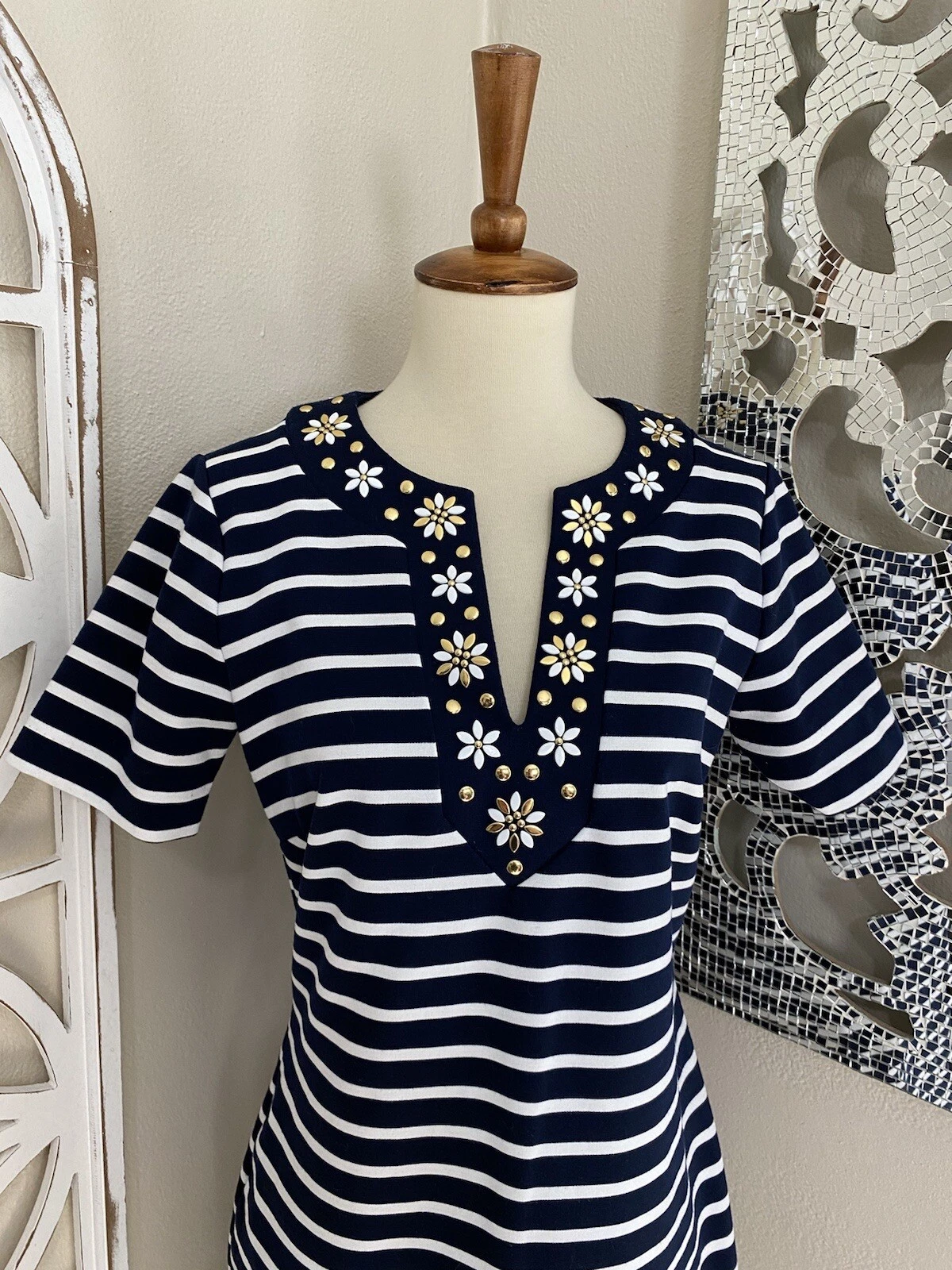 ABITO TUBINO MICHAEL KORS piccolo NAVY BIANCO RIGHE FLOREALE COLLO BORCHIE MANICA CORTA