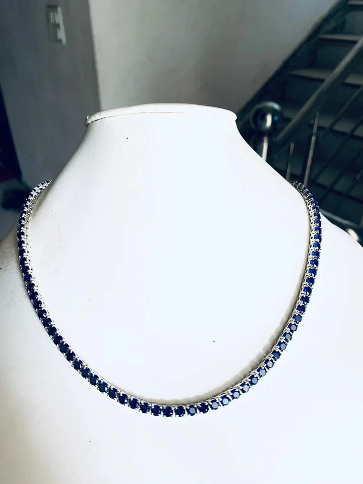 925 lab Blue Sapphire Tennis Necklace in 925 Sterling Silver Sapphire necaklce - Image 2 of 2
