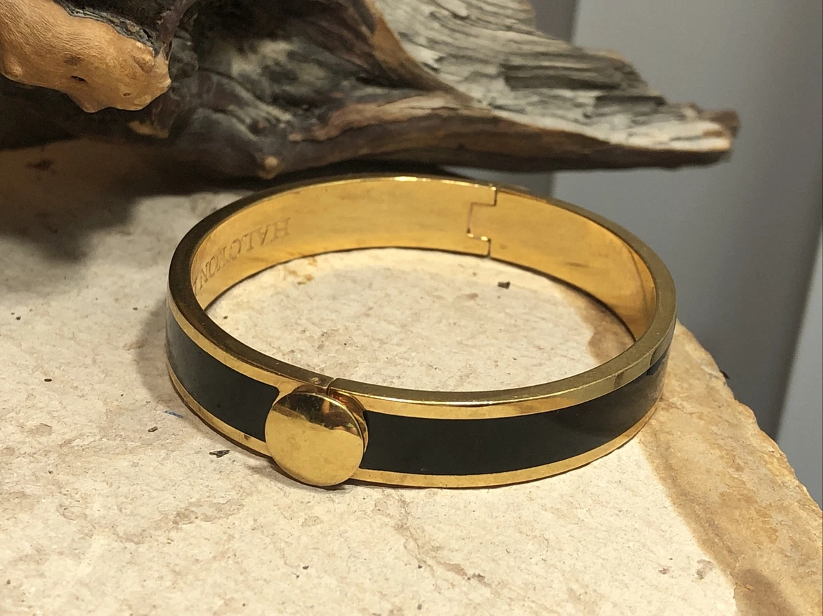 HALCYON DAYS Gold tone Black Enamel Hinged Bangle Bracelet 36g 7
