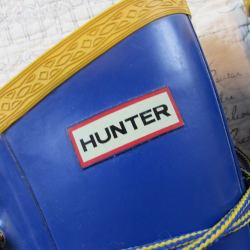 Hunter Festival Lace Up Mid Calf Wellington Rain Boots Blue Yellow Stripes 5 - Picture 3 of 6
