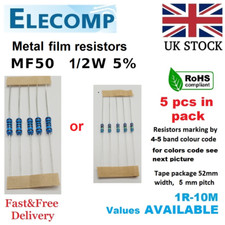 1/2W Metal film Resistors 5% All Values(1R-1K-1M) 5 in Pack Free P&P UK stock