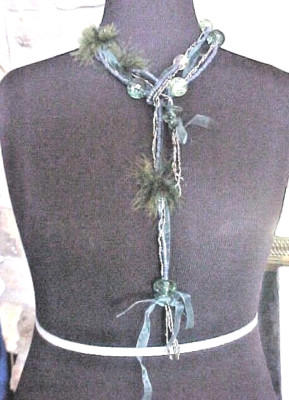 Belt Womens Shades of Green Beads Ribbons Feathers Can be worn as Necklace