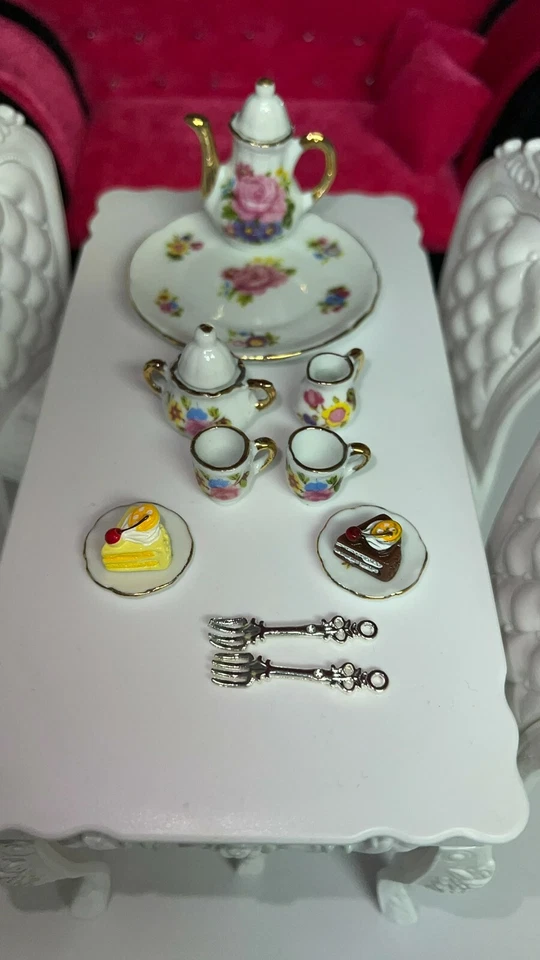 Eledoll 1:6 Dollhouse Dining Table & Chairs with Tea Set For 11.5" Fashion Doll - Image 3 of 4