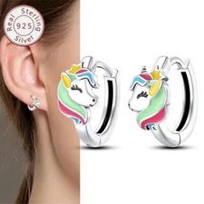 KUNSIR 925 Sterling Silver Rainbow Pony Hoop Earrings For Women Jewelry Gifts