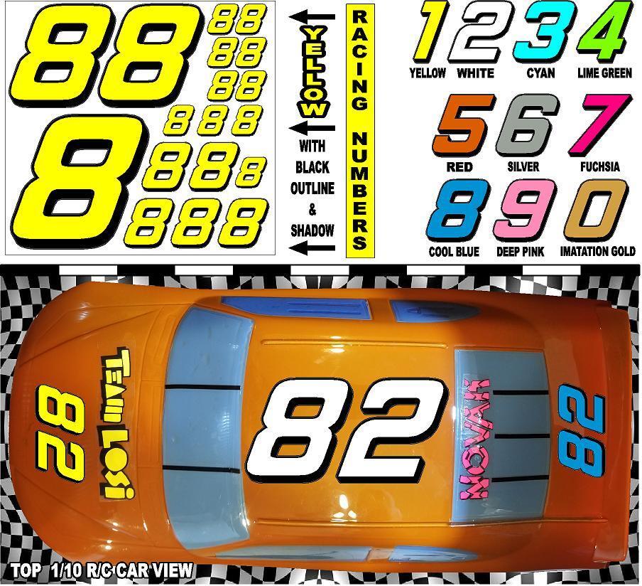 YELLOW  (#8's) Racing Numbers Decal Sticker Sheet 1/8 - 1/10 -1/12 for RC Models