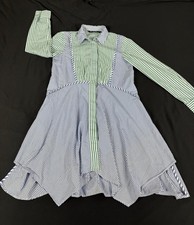 Zara Basic Women Blue/Green Striped Long Sleeve Button Front Dress XS