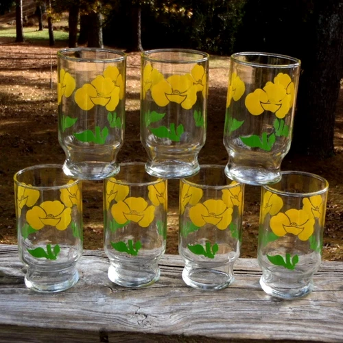 Mid Century Vintage SET of 7 Anchor Hocking FOXY FLOWER  6 Oz TUMBLER GLASSES