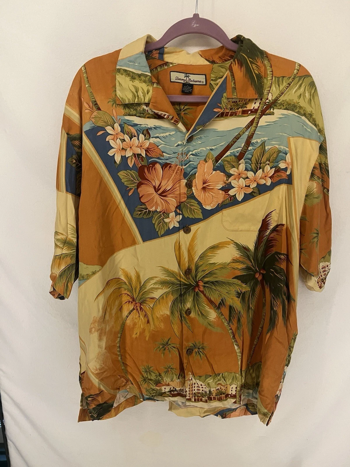 Tommy Bahama Shirt Adult L Silk Floral Print Hawaiian Relaxed Hibiscus Mens