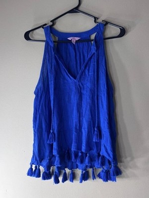 Lilly Pulitzer Roxi blue tassel Top size M bohemian style  100%Cotton