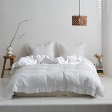 Simple&Opulence 100% Linen Duvet Cover Set, Natural French Flax White Ruffle ...
