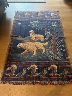 Vintage Hunting Golden Retriever Duck Pheasant Woven Tapestry Lodge Cabin 70x50 - Image 1 of 4