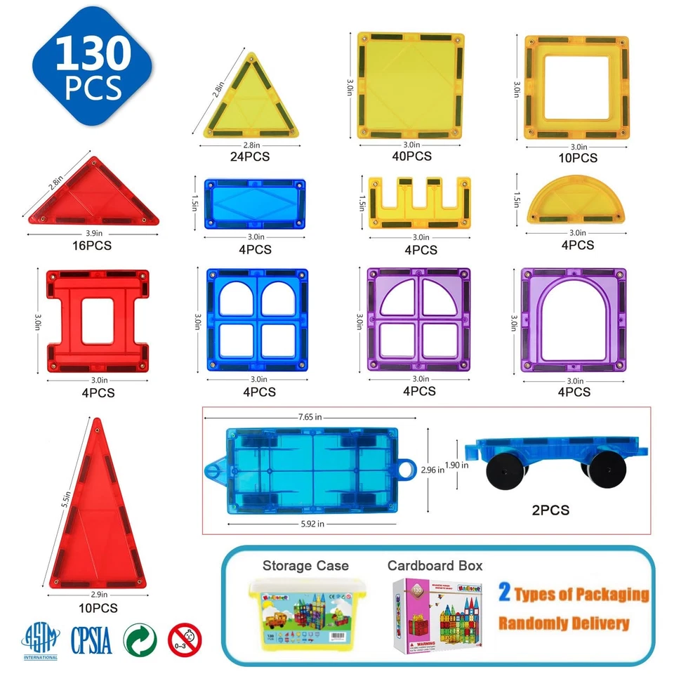 Juego de bloques de construcción de azulejos magnéticos MAGBLOCK 130 piezas para niños 4-8 juguetes STEM Foto 4 de 4