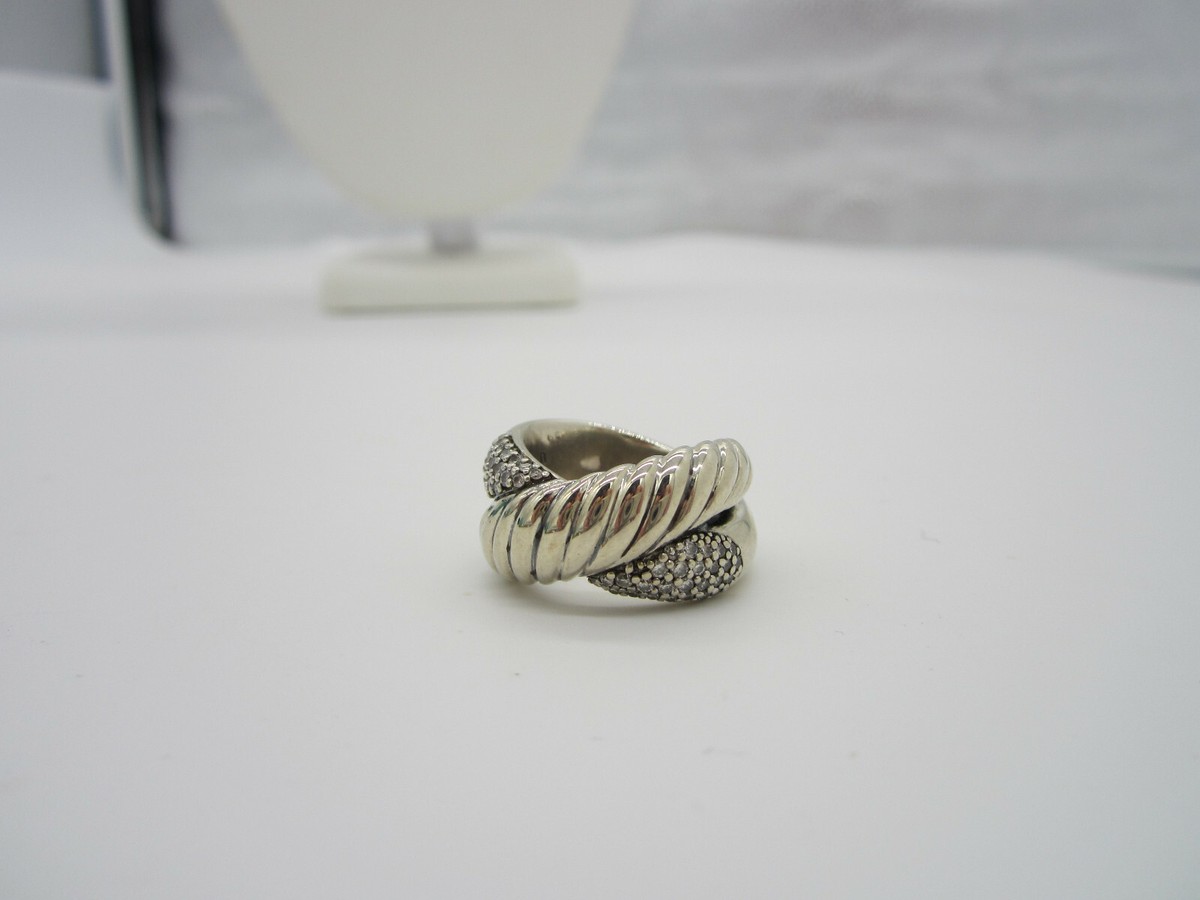 Estate Gorgeous David Yurman Sterling Silver Crossover Cable White Diamond  Ring