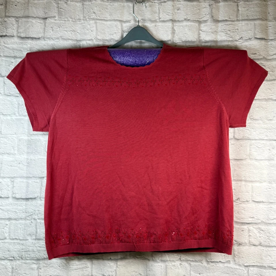 Blusa Maggie Barnes Tejida Para Mujer 4XL Manga Corta Informal Cuentas Lentejuelas Roja Foto 2 de 4