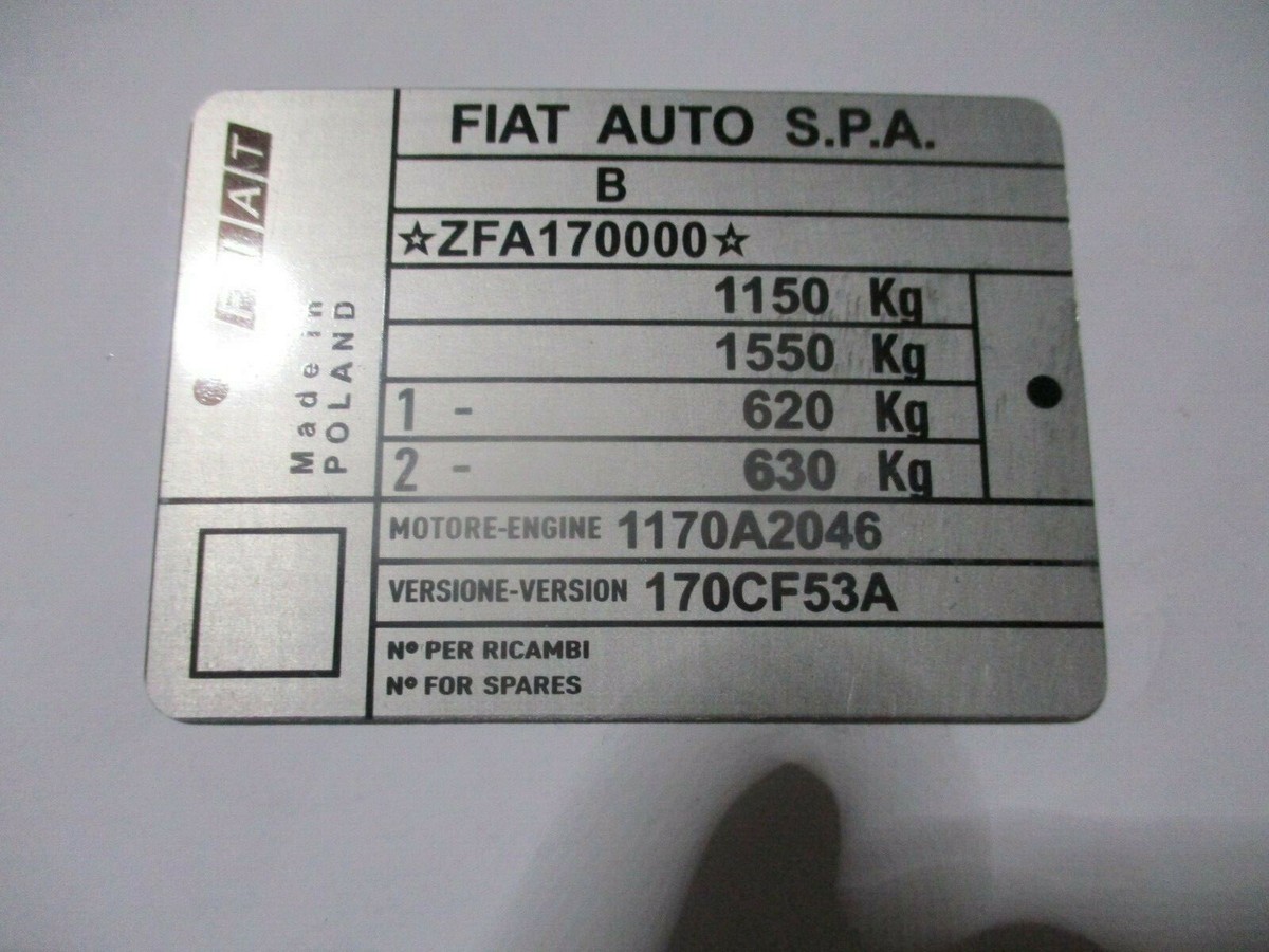 Type Plate ID-Plate Chassis Fiat 500 Cinquecento ZFA 170000