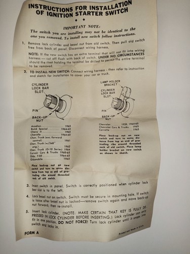 NORS Ignition Switch SA-72 Chevy: Chevelle, 60-64 Corvair, Truck  MADE IN USA - Picture 5 of 5