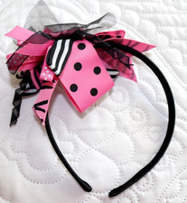 Girls Boutique Style Headband with Ribbon Bow - Black, Pink and White