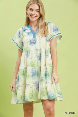 Umgee Floral Print Contrast Trim Tiered Babydoll Dress - Blue Mix - Large