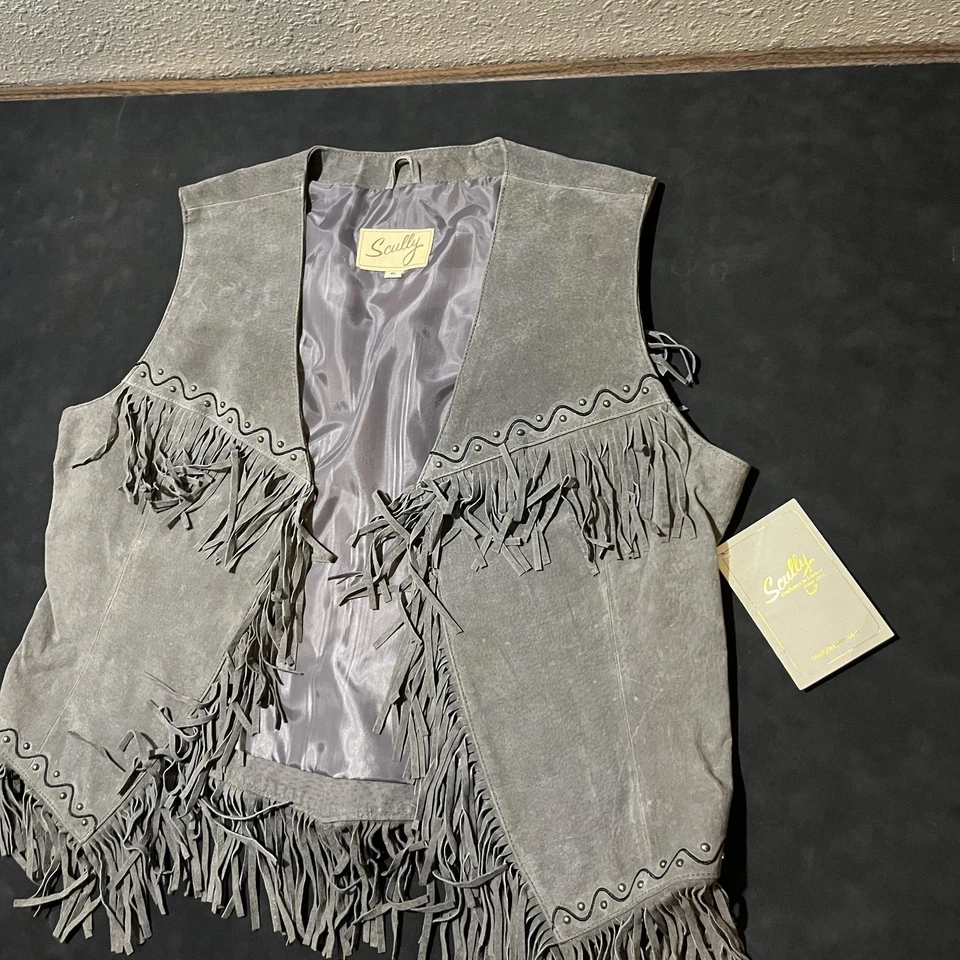 Scully Suede Fringe Vest Womens Gray Western Boho Lined Leather Open Front L26 - Image 2 of 4