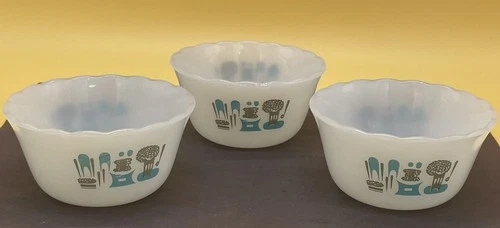 Vintage Fire King Blue Heaven Milk Glass Custard Cup Ramekin Bowl Lot Of Three!