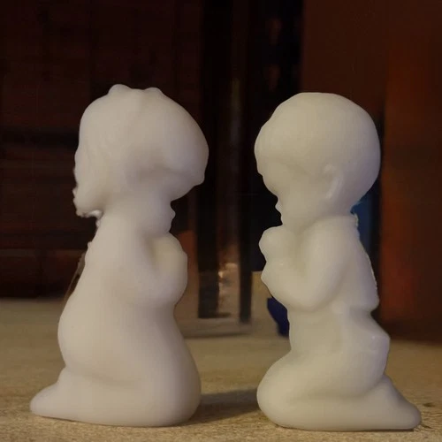 Fenton 1977 Satin Glass Praying Boy & Girl Figurines White Lavender Original Sti