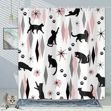 Mid Century Cat Shower Curtain, Pink Grey Modern Shower Curtain Set for Bathroom