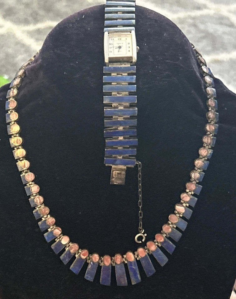 "Juego de reloj collar de 16"" con incrustaciones de piedras preciosas de lapislázuli de plata de ley 950 Acleoni" Foto 3 de 4