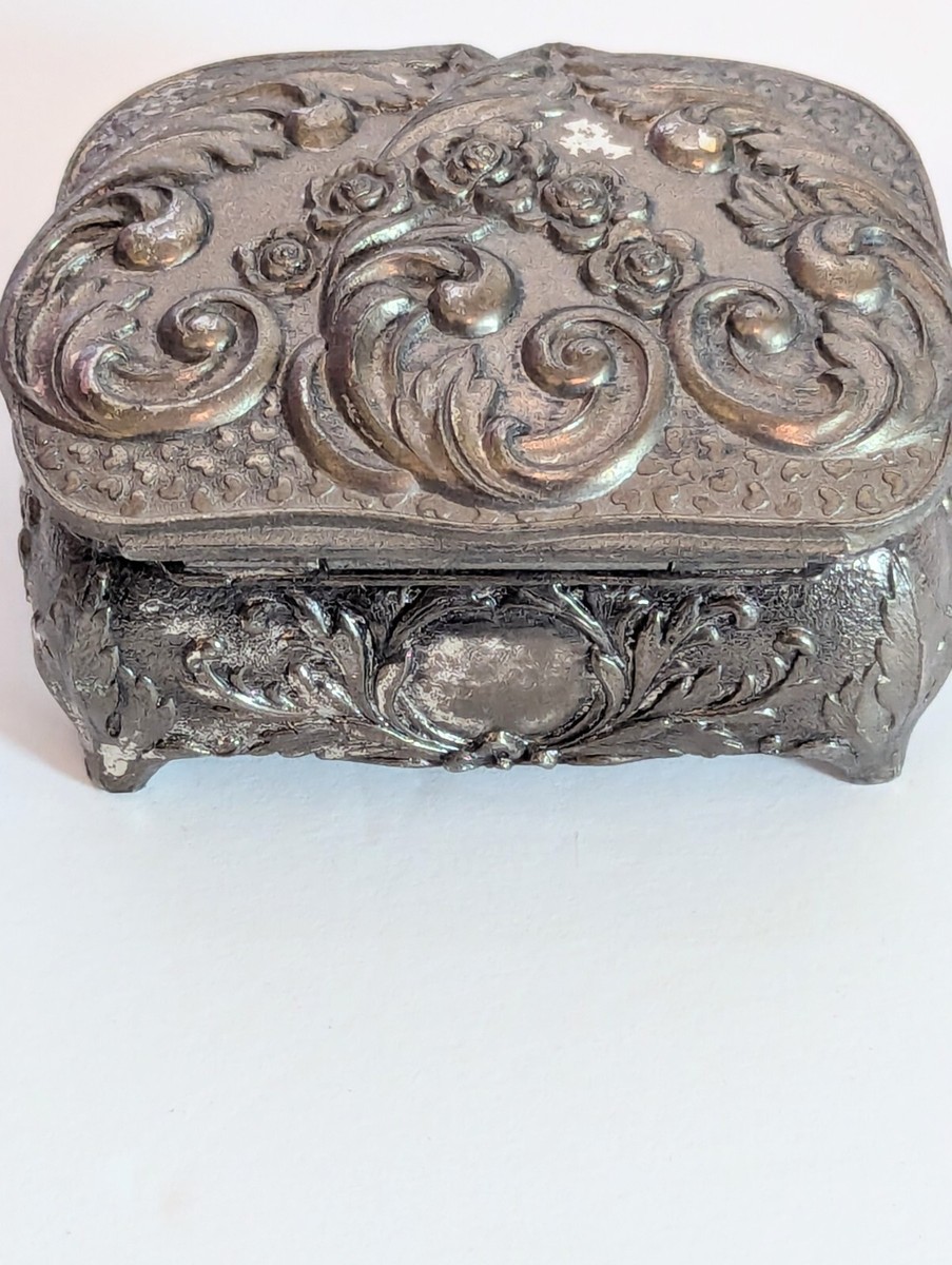 値下げ【ヴィンテージ】アクセサリーBOX Vtg 1950s Trinket Box Silver Tone Velvet Lined Footed Ornate