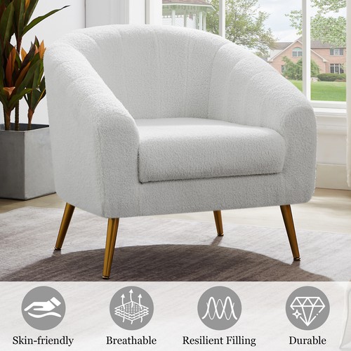 Teddy Fur Accent Chair Barrel Boucle Cream Modern Home Living Seating Furniture - Picture 2 of 58
