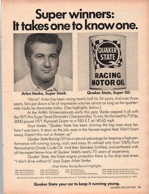 Vintage Print Ad 1971 Quaker State Racing Motor Oil Arlen Vanke AHRA