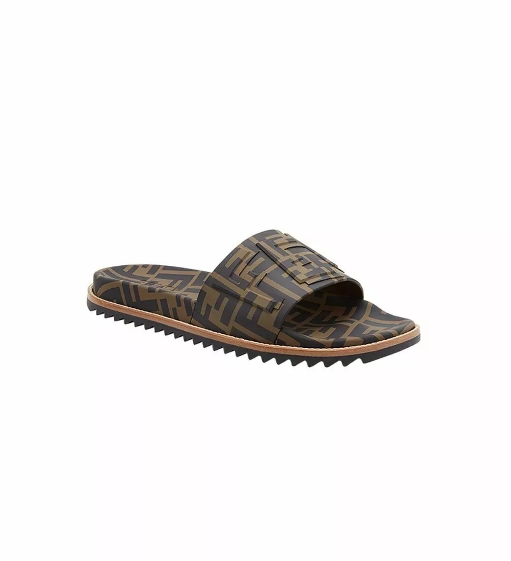 Fendi FF Logo Black Brown Slides Sandals