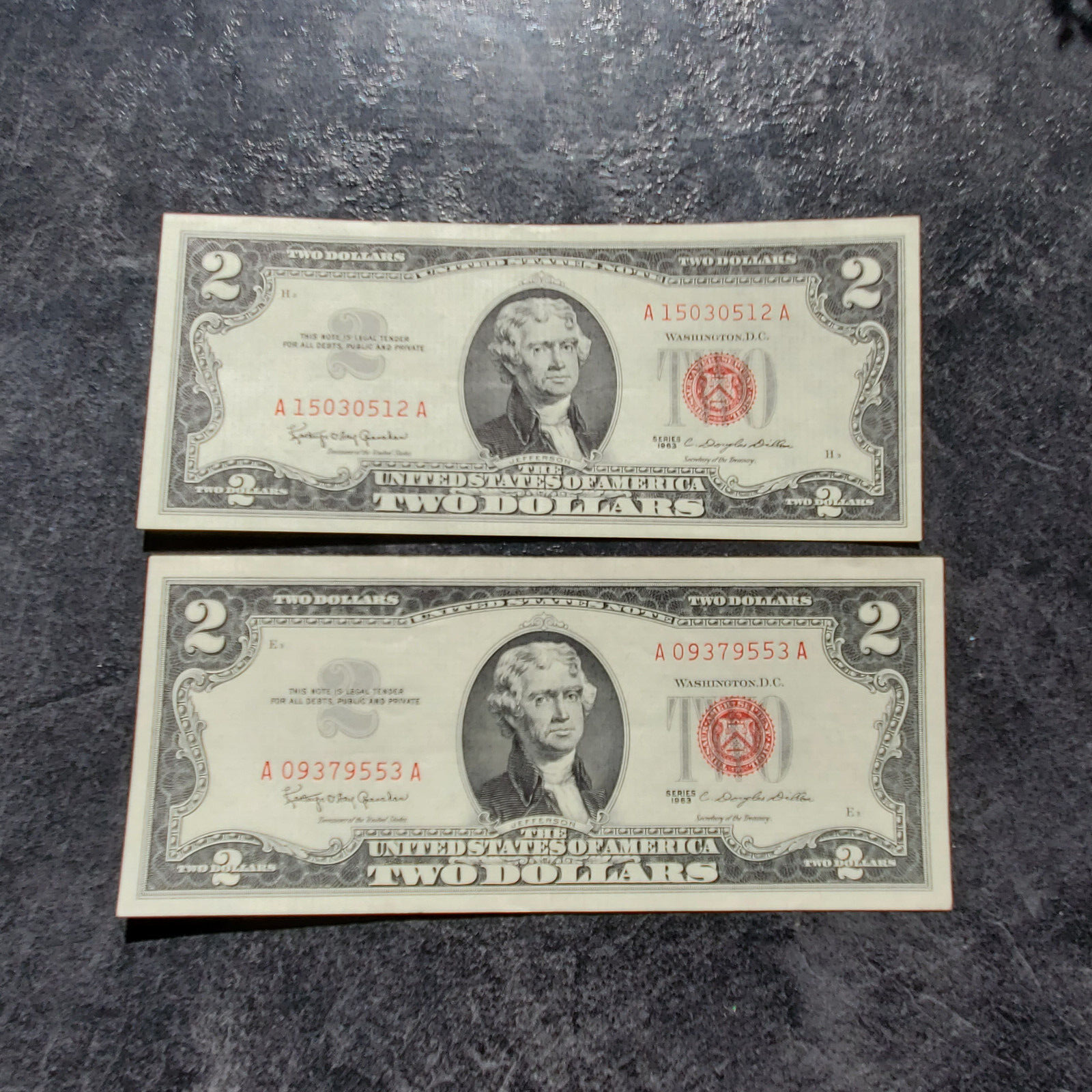 2- 1963 $2 Red Seal US Notes AA Block UNC -LIGHT FOLDS LOT K22 | eBay