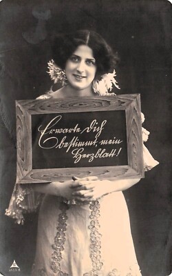 RPPC Edwardian Woman Lace Dress Chalkboard Birthday Card Photo Postcard F12