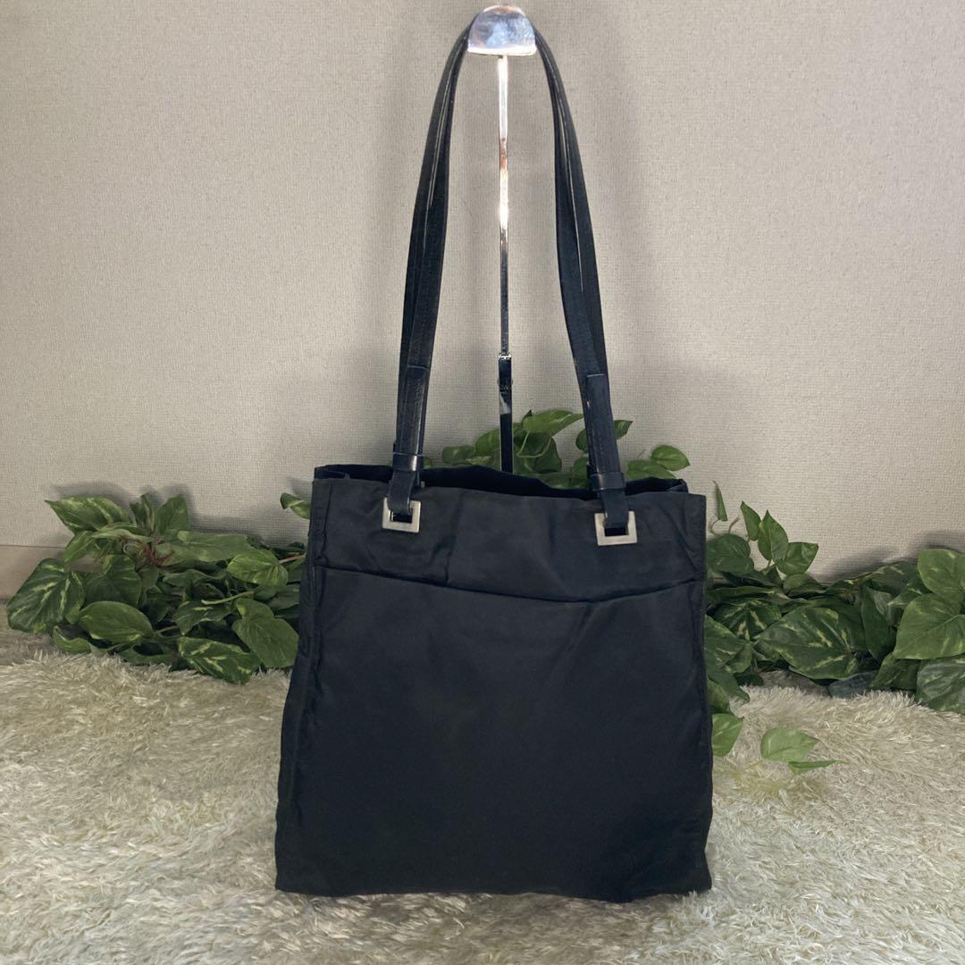 ★PRADA Pocono Nylon Triangle Logo Tote Bag Black★ Prada Tote Bag Triangle Logo Nylon Leather Black Pocono From