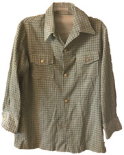 Vintage Button Shirt Unisex Green Houndstooth Long Sleeve Pockets Collared L