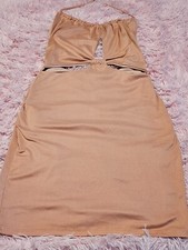 21 Saints Women Khaki Polyester Halter Open Front Cutout Knot Bodycon Dress Sz L