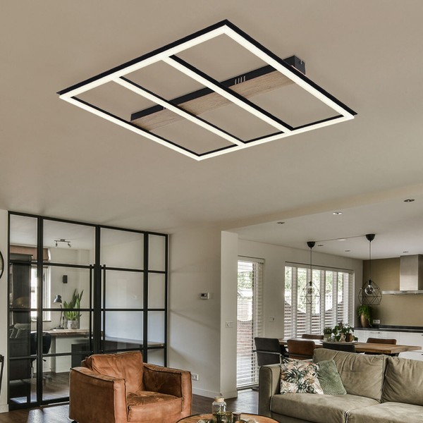 Deckenleuchte Wohnzimmerlampe Led Deckenlampe Metall Schwarz Holzoptik 60X60 Cm-image