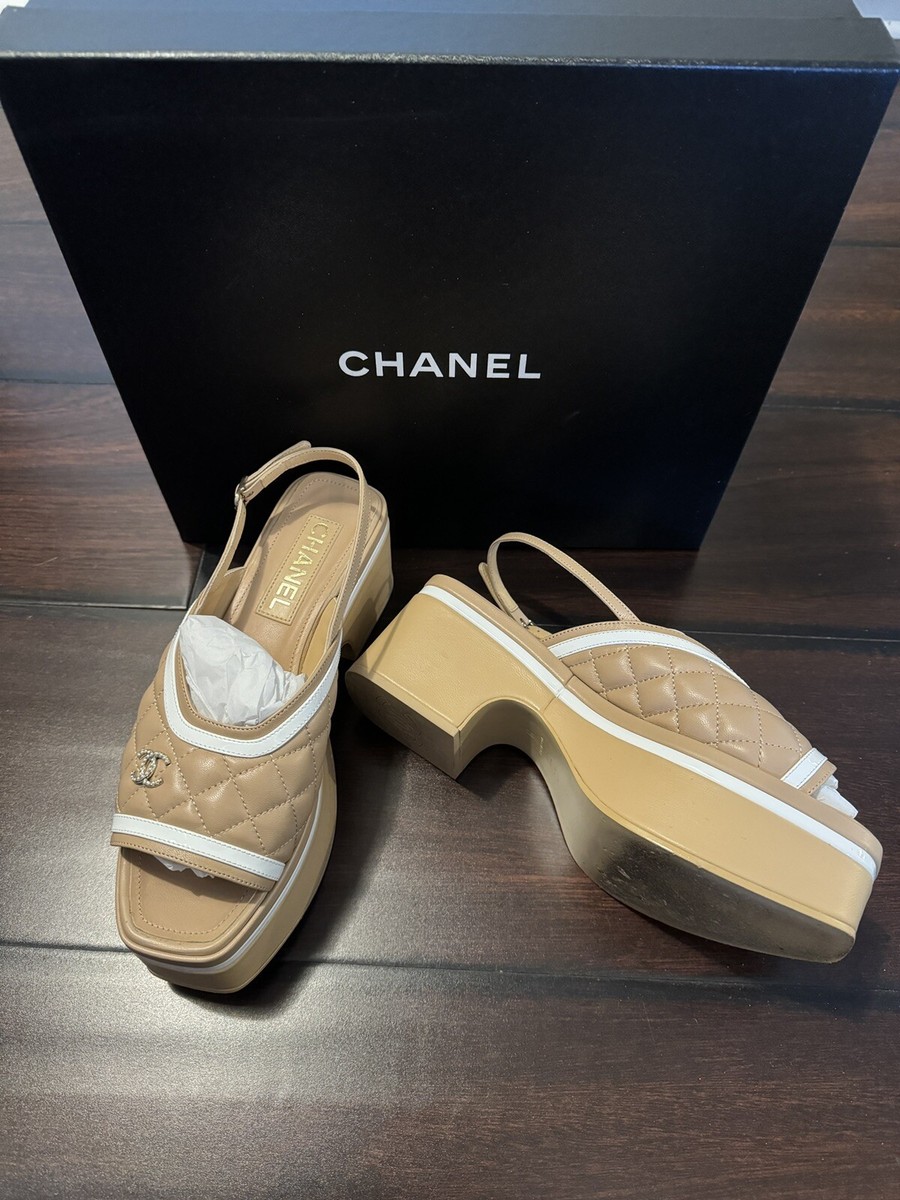Chanel Open Toe Platform Block Heels Sandals Beige/White Chanel Open Toe Platform Block Heels Sandals Beige/White
