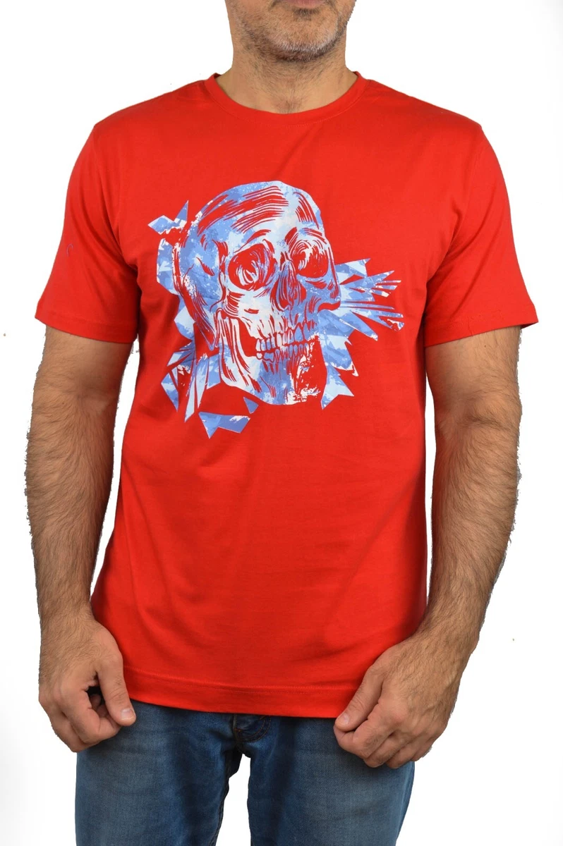 NEW ROBERT GRAHAM Red Blue Skull Gothic Print T shirt Art To Wear