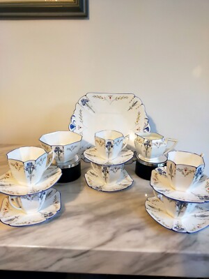 Shelley Queen Anne Form Blue Iris Muster Kaffeeservice Top Zustand um 1930
