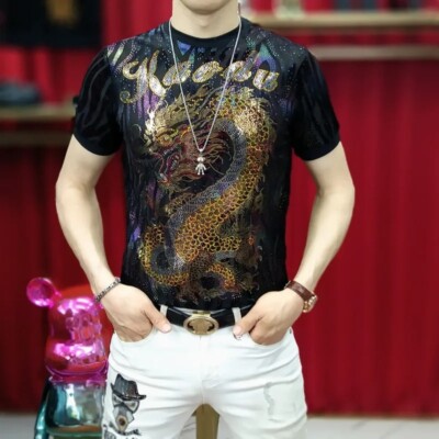 Fashion Men Trend Luxury Summer Sequin Diamond Rhinestone Summer Black T-Shirt