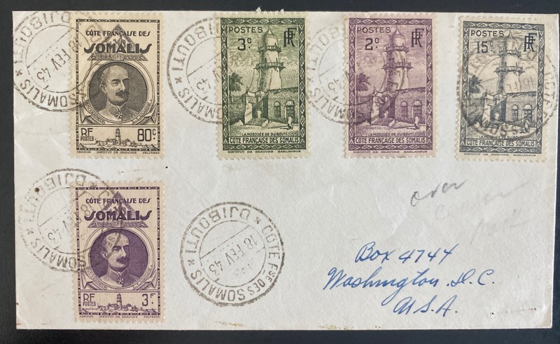 1943 Djibouti French Somali Coast Cover To Washington DC USA