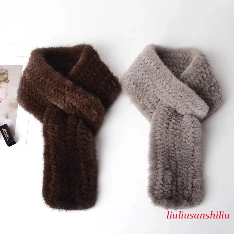 Real Mink Fur Scarves Warm Knitted Scarf Natural Luxury Shawl Lady Short